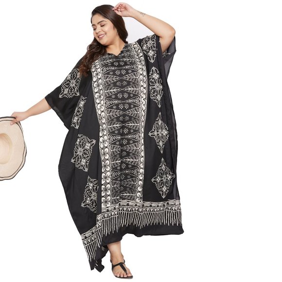 Women Plus Size Fit and Flare Floral Black Kaftan Maxi Dress by Gypsie Blu - Picture 1 of 6